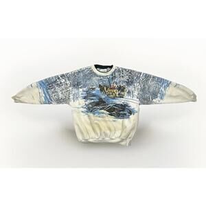 Vtg Christmas Sleigh Ride Art National Wildlife Federation Wraparound Sweater Lg